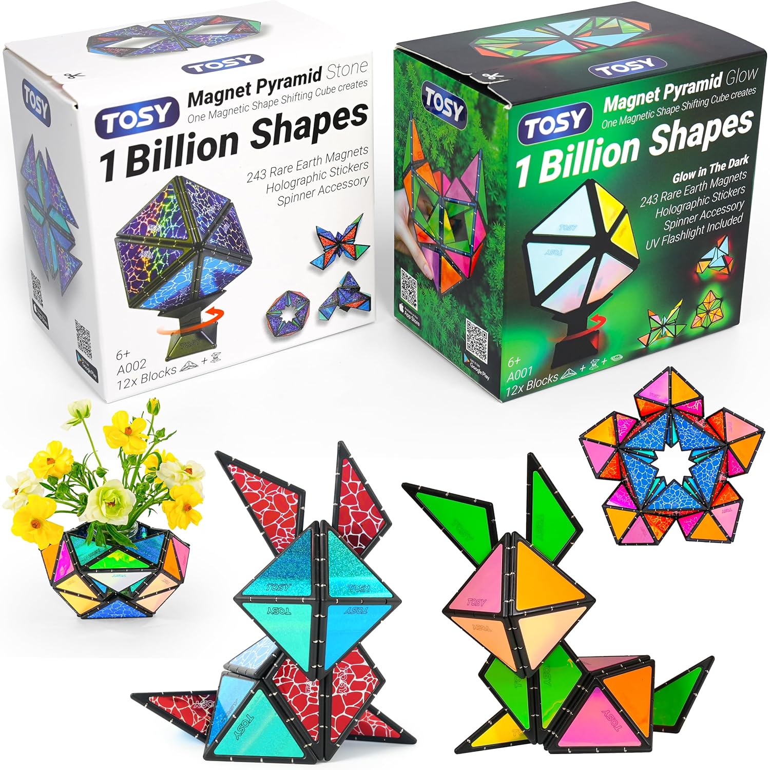 TOSY Magnet Pyramid - 1 Fidget Cube Transforms into 1 Billion Shapes, 243 Rare Earth Magnets, Glowing, Holographic Design, Spinner Accessory, Gift for Christmas Birthday (Set of 1 Stone 1 Glow)