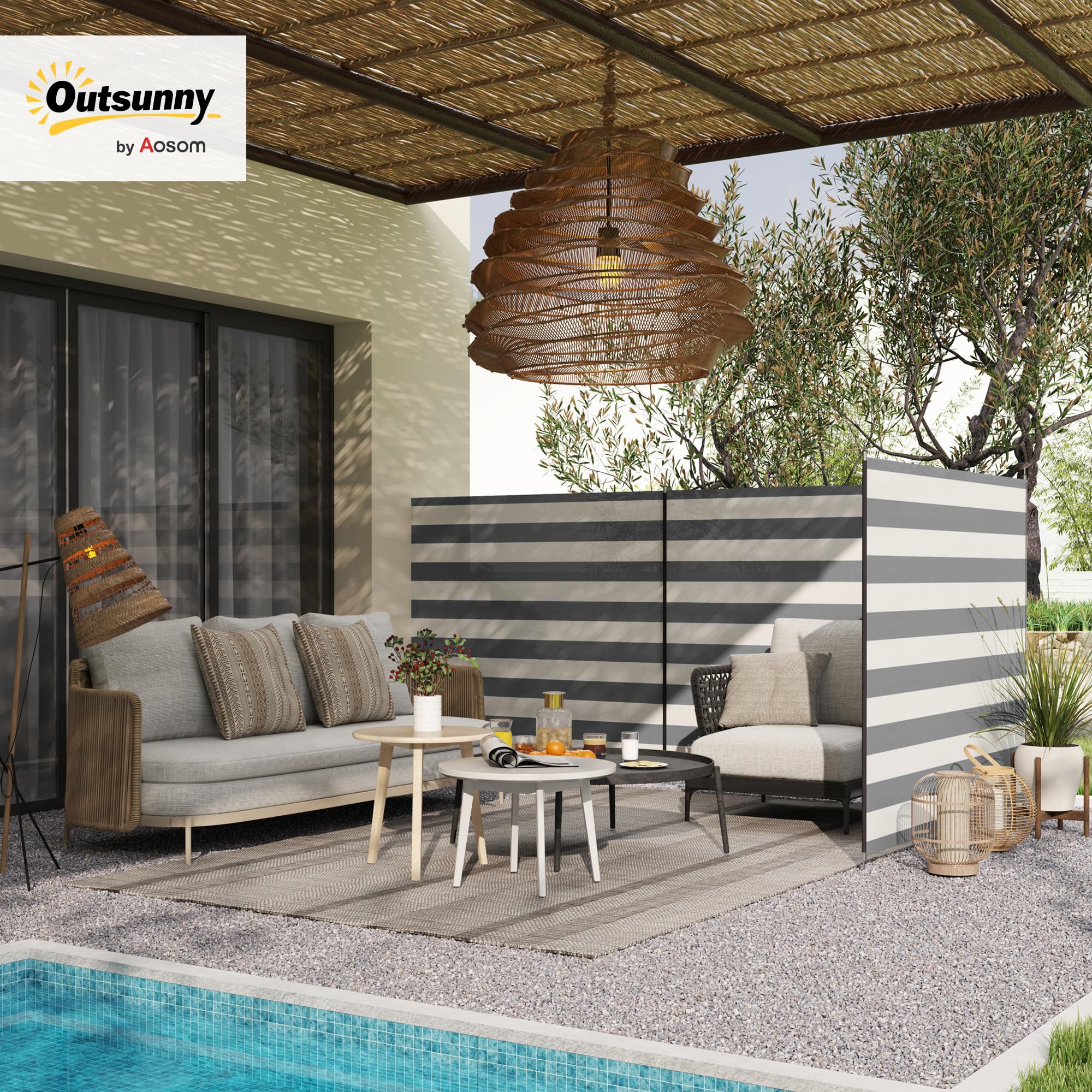 Outsunny Paravento da Spiaggia per Giardino 540x150 cm Grigio e Bianco | Pieghevole Frangivista, Tenda da Sole Laterale, Poliestere con Barre in Acciaio, per Campeggio e Spiaggia