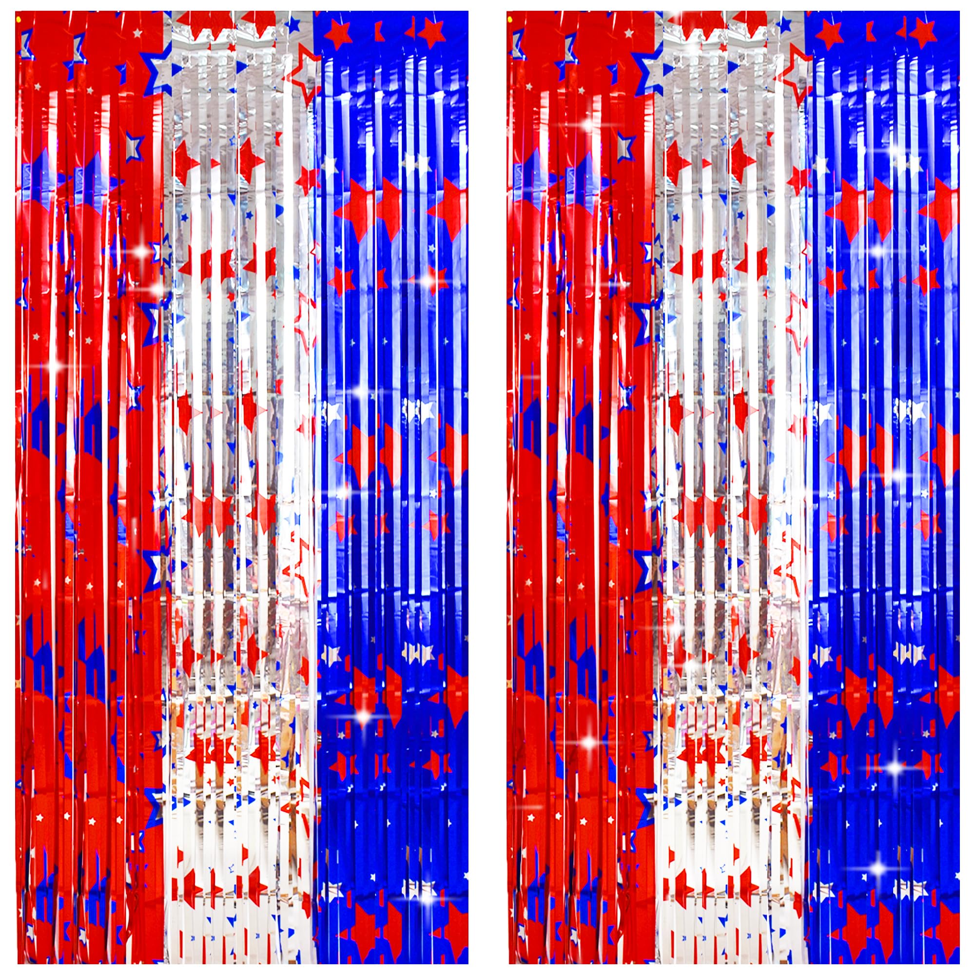 TONIFUL 4th of July Decorations,Red White and Blue Tinsel Foil Fringe Curtains,Independence Day Photo Booth Backdrop,America Star Metallic Door Streamers for Patriotic Party Memorial Day Labor Day