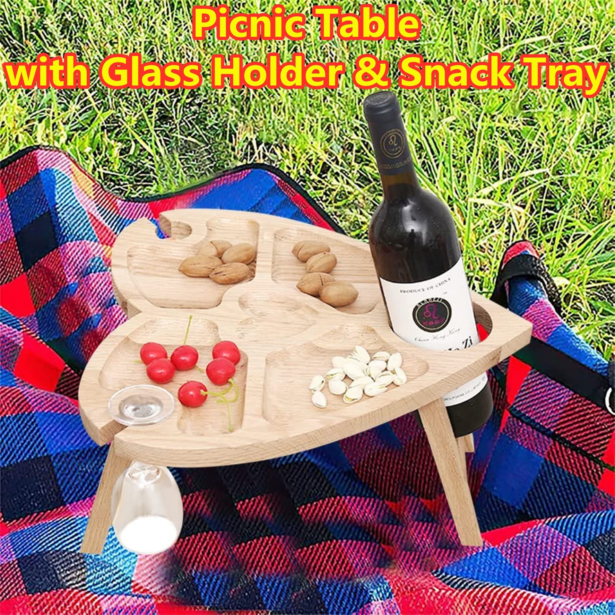 GWMWON Tragbarer Weintisch für den Außenbereich, 5 Fächer, Snack-Obst-Serviertablett, Holz-Weinregal-Organizer, 2 Weinglashalter, 1 Weinflaschenhalter, für Reisen, Camping