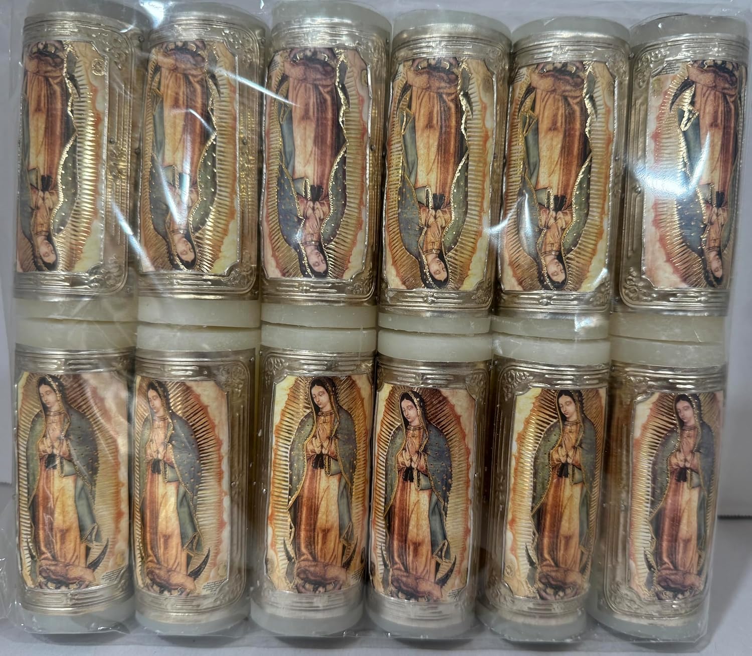 Virgen De Guadalupe Imagen Completa Set De 12 Cirios Repujados 3.5"x 1.5" Our Lady of Guadalupe Mini Embossed Easter Candles