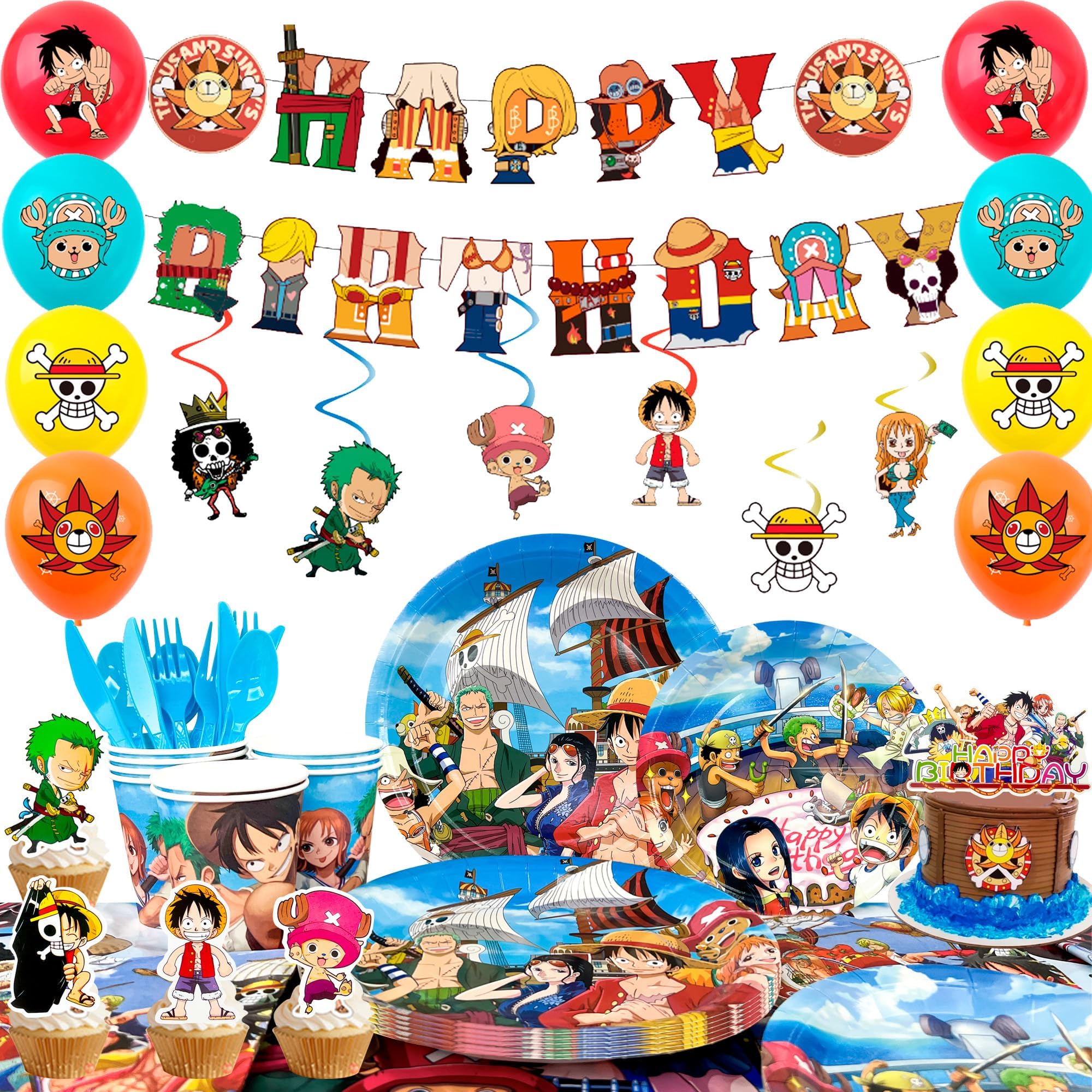 Cartoon Birthday Party Supplies, 117pcs Cartoon Party Decorations & Tableware Set - Cartoon Banner Balloons Hanging Swirls Cake Topper Plates Cups etc cartoon Birthday Decorations for Kids