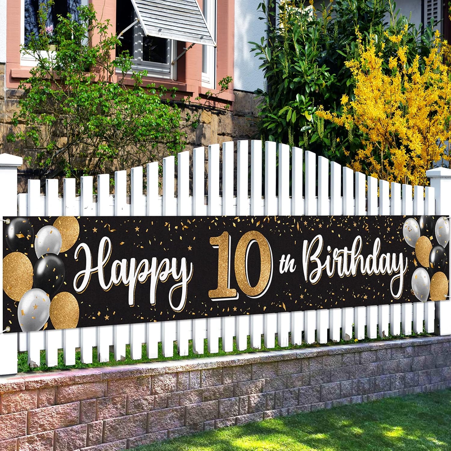 Happy 10th Birthday Decorations,10th Black & Gold Balloon Large Birthday Hanging Banner Sign,Cheers to Ten Years Old Bday Party Supplies.
