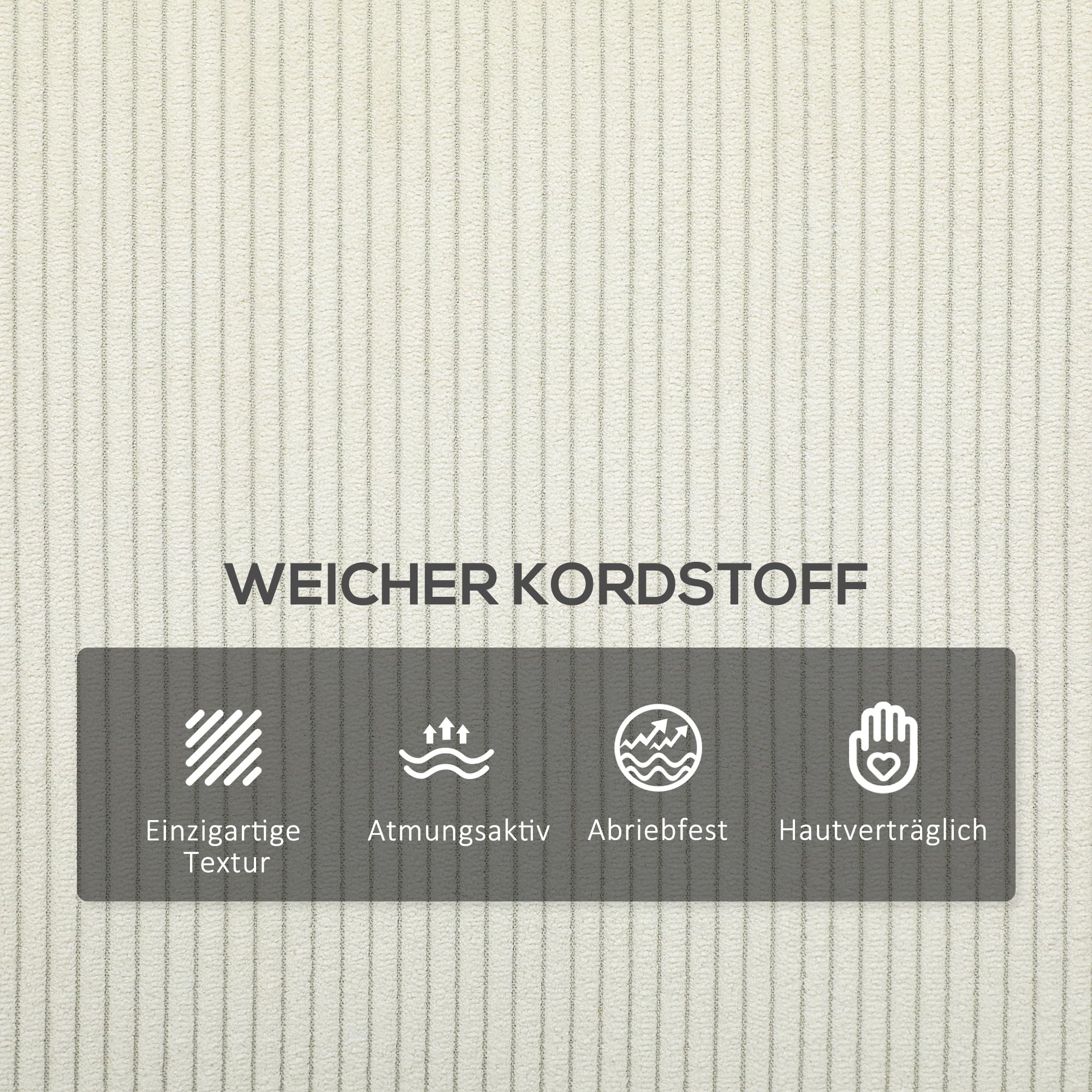 HOMCOM 3-Sitzer Sofa – 193 X 77 X 80 Cm, Cremeweiß, Cordbezug, Mit Federkern & 2 Rückenkissen, Stahlbeine, Bis 400 Kg Belastbar