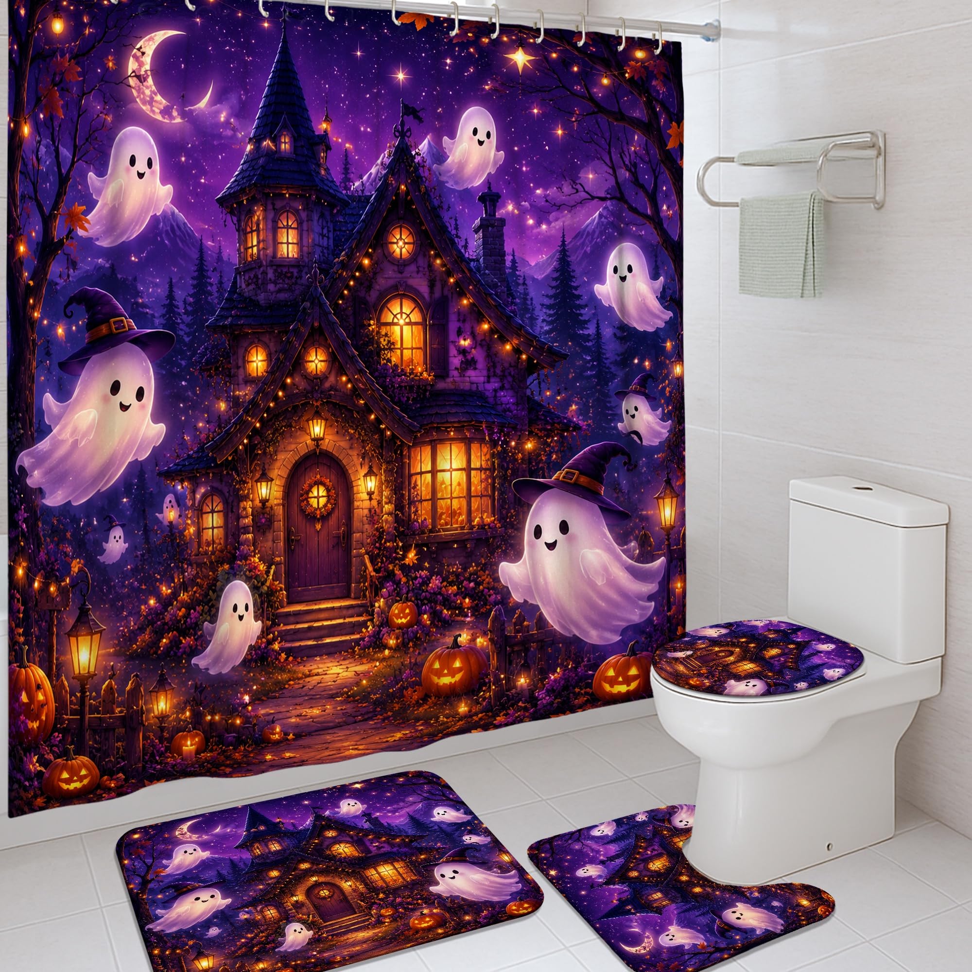 Rideau de douche Halloween violet avec tapis assorti et crochets pour baignoire 183 cm