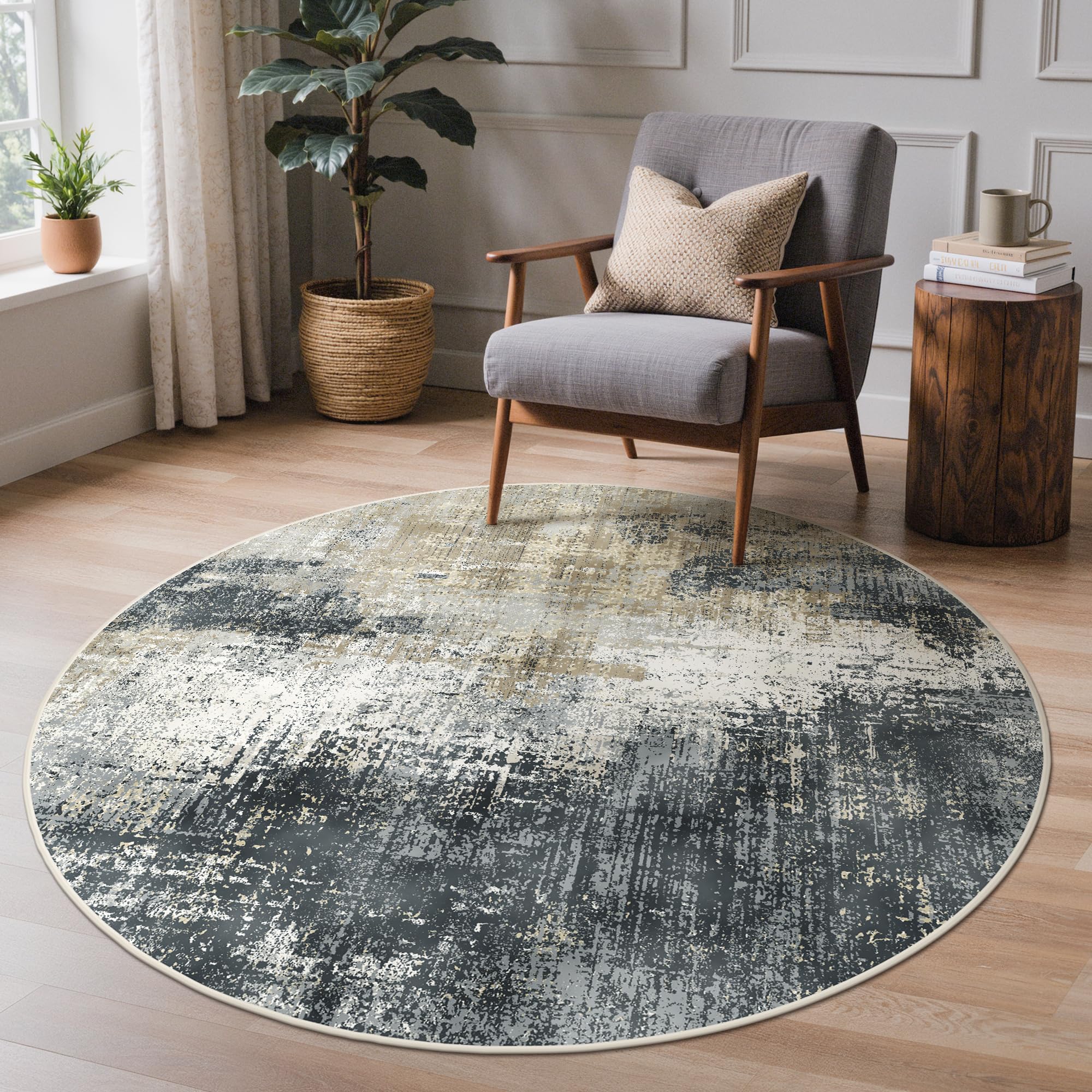 BEIMO Circle Washable Rug 120cm – Soft Abstract Area Carpet Non-Slip Backing, Machine Washable Bedside Rugs for Bedroom, Living Room & Nursery, Grey