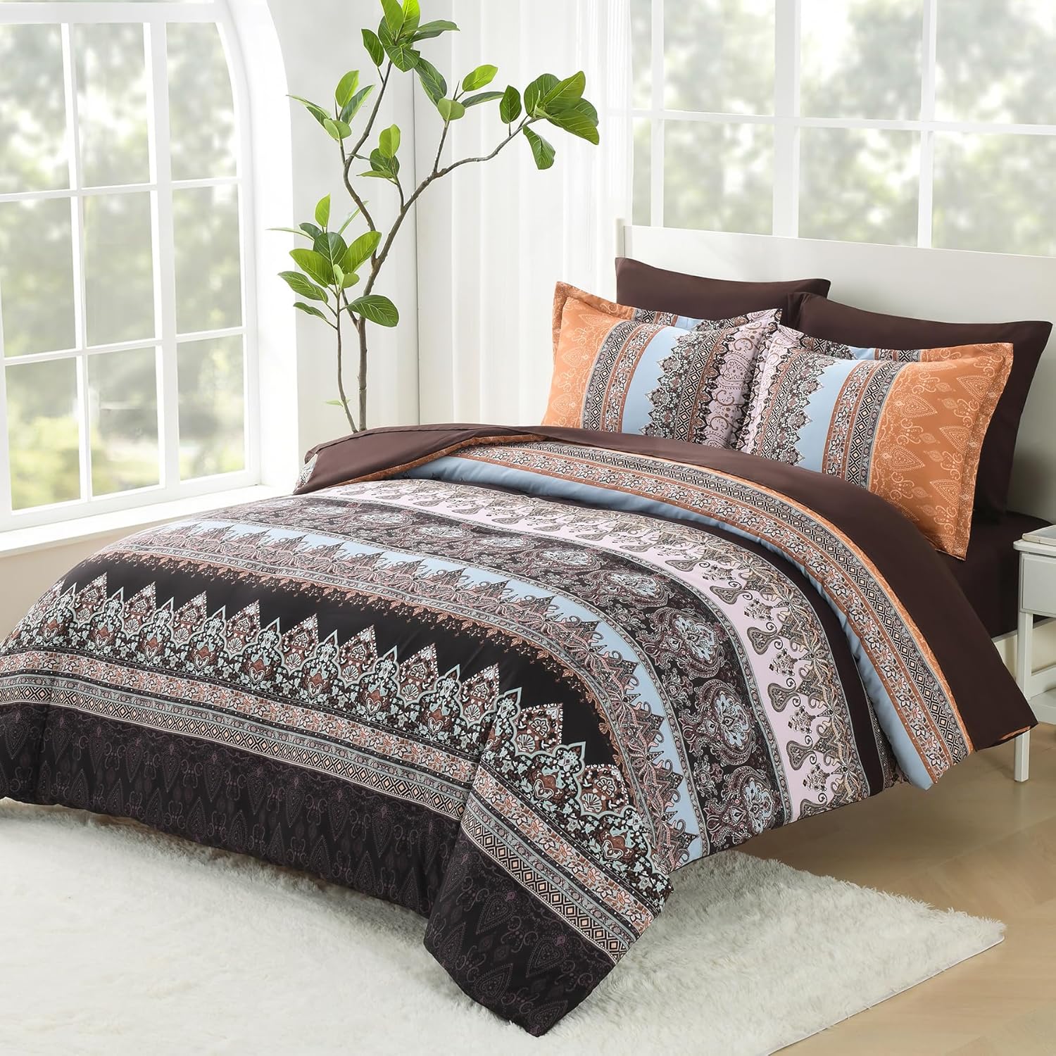 Boho King Size Comforter Set - 7 Pieces Bed in a Bag Bohemian Striped Comforter Set with Sheets, Soft Microfiber Brown Floral Bedding Sets for All Seasons (Brown, King) - Image 2