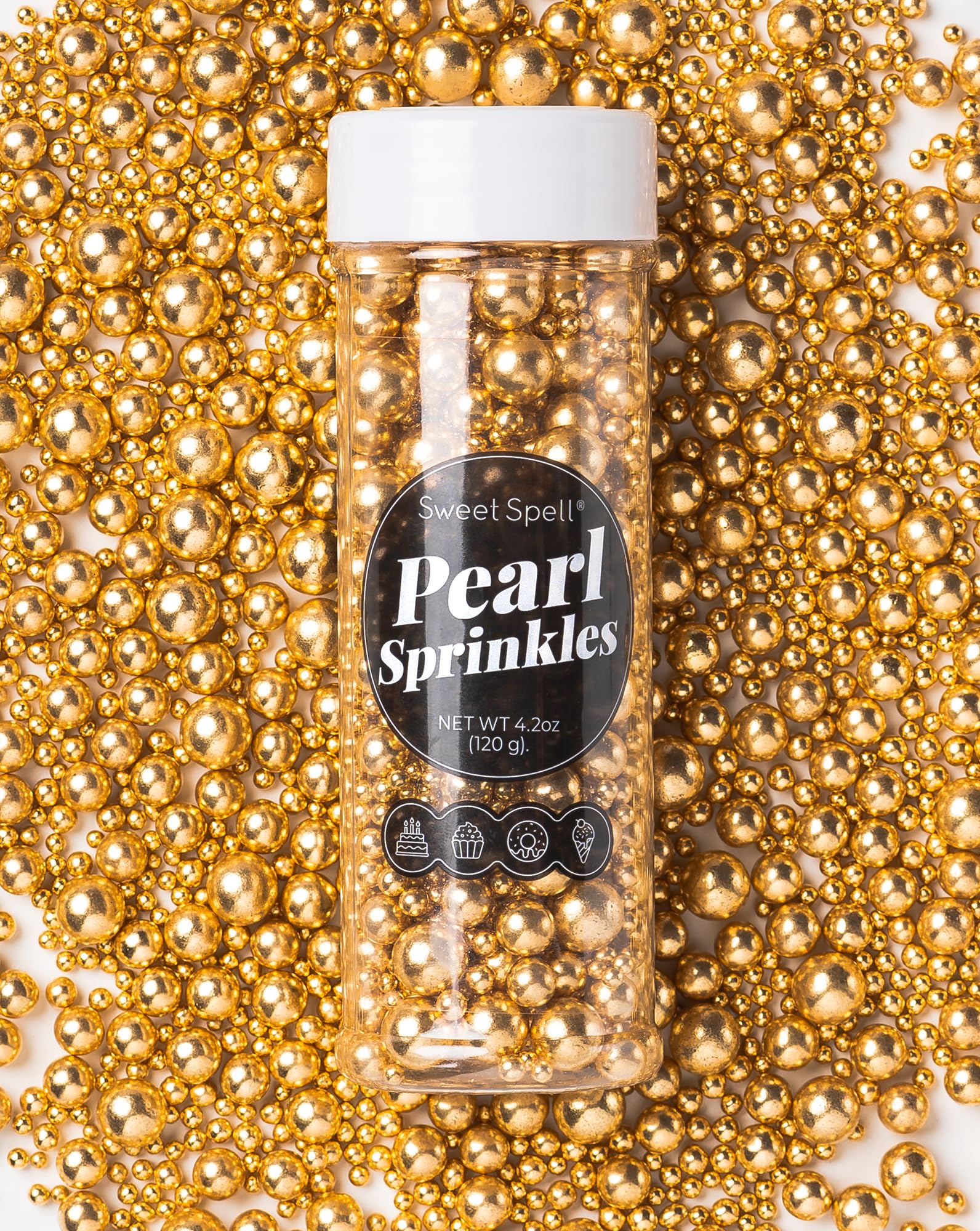 Sweet Spell Gold Pearl Sprinkles for Cake Decorating (120g/ 4.2oz) - Sugar Candy Ball Pearls for Cupcakes, Ice Cream Toppers, and Baking Cake Decoration