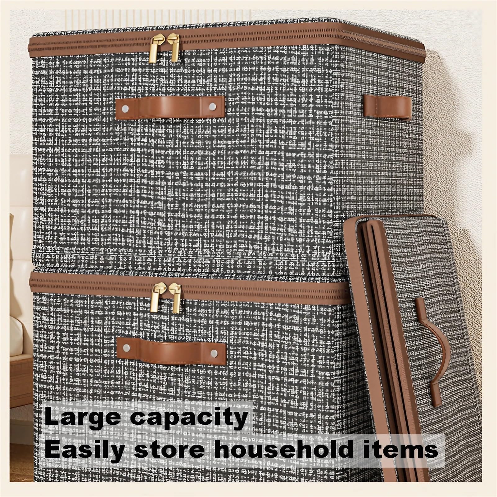 Cajas de Almacenamiento Apilables de Tela con Tapas, Caja de Cubo Plegable con Manijas/Gray/49 * 37 * 31 cm
