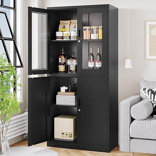 Miniatura 5 de LISSIMO Gabinete de almacenamiento de metal con puertas de cristal, gabinete de oficina con cerradura, gabinete de acero de 71 pulgadas de alto con