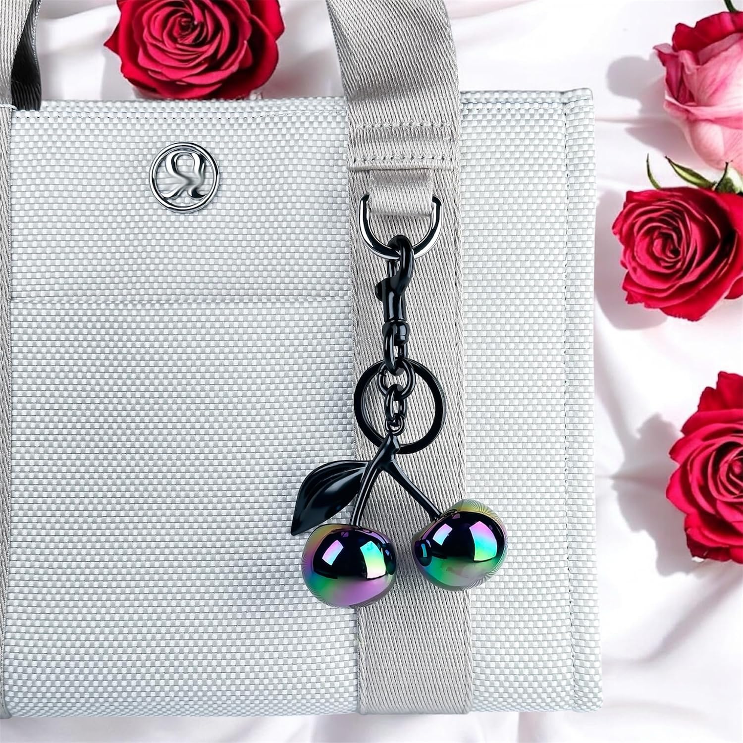 Glitter Cherry Bag Charm with Key Ring and Clip, Cute Cherry Keychain for Women's Purses and Handbags