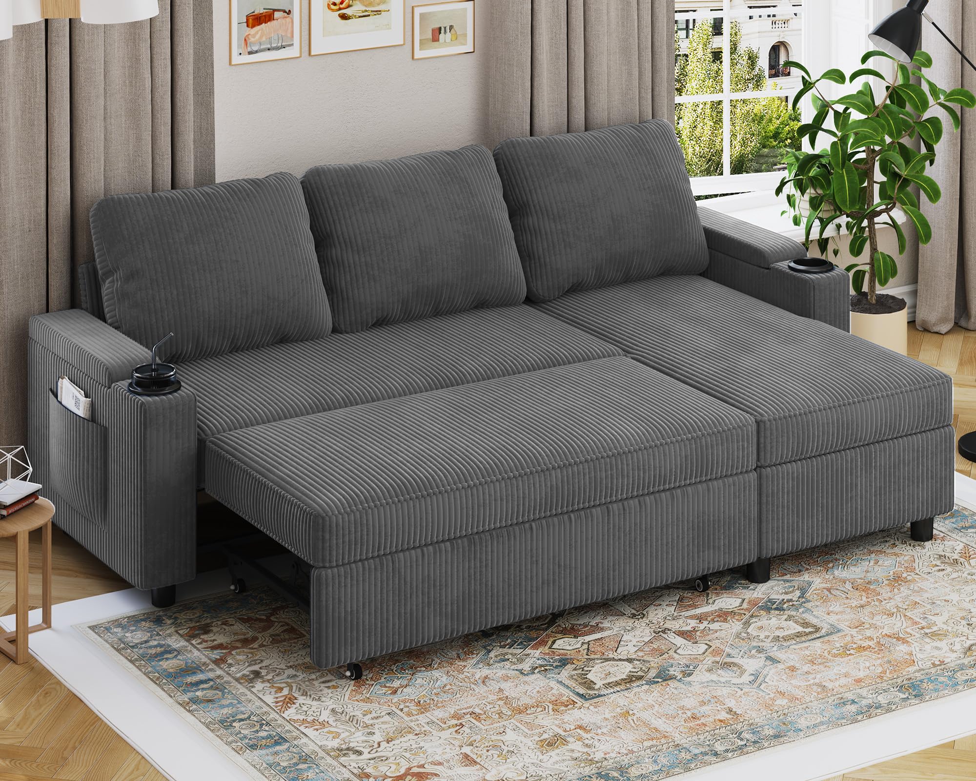 Devoko Ecksofa mit Schlaffunktion und Bettkasten L-Form Sofa 3-Sitzer Ausziehbares Schlafsofa Couch Kleines Schlafcouch für Wohnung und Wohnzimmer