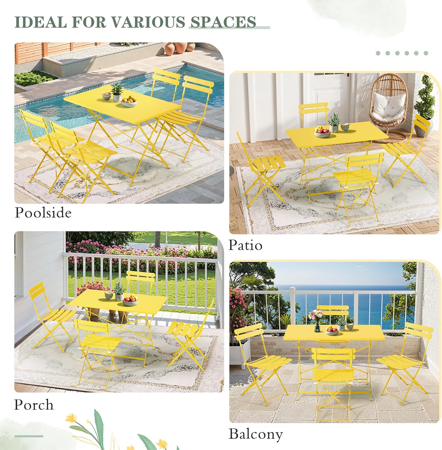 MELLCOM 5-Piece Foldable Patio Dining Set with Rectangular Table and Chairs, Weather-Resistant Iron Outdoor Dining Set for 4 People, Outdoor Table and Chairs for Patio, Yard, Indoor, Yellow
