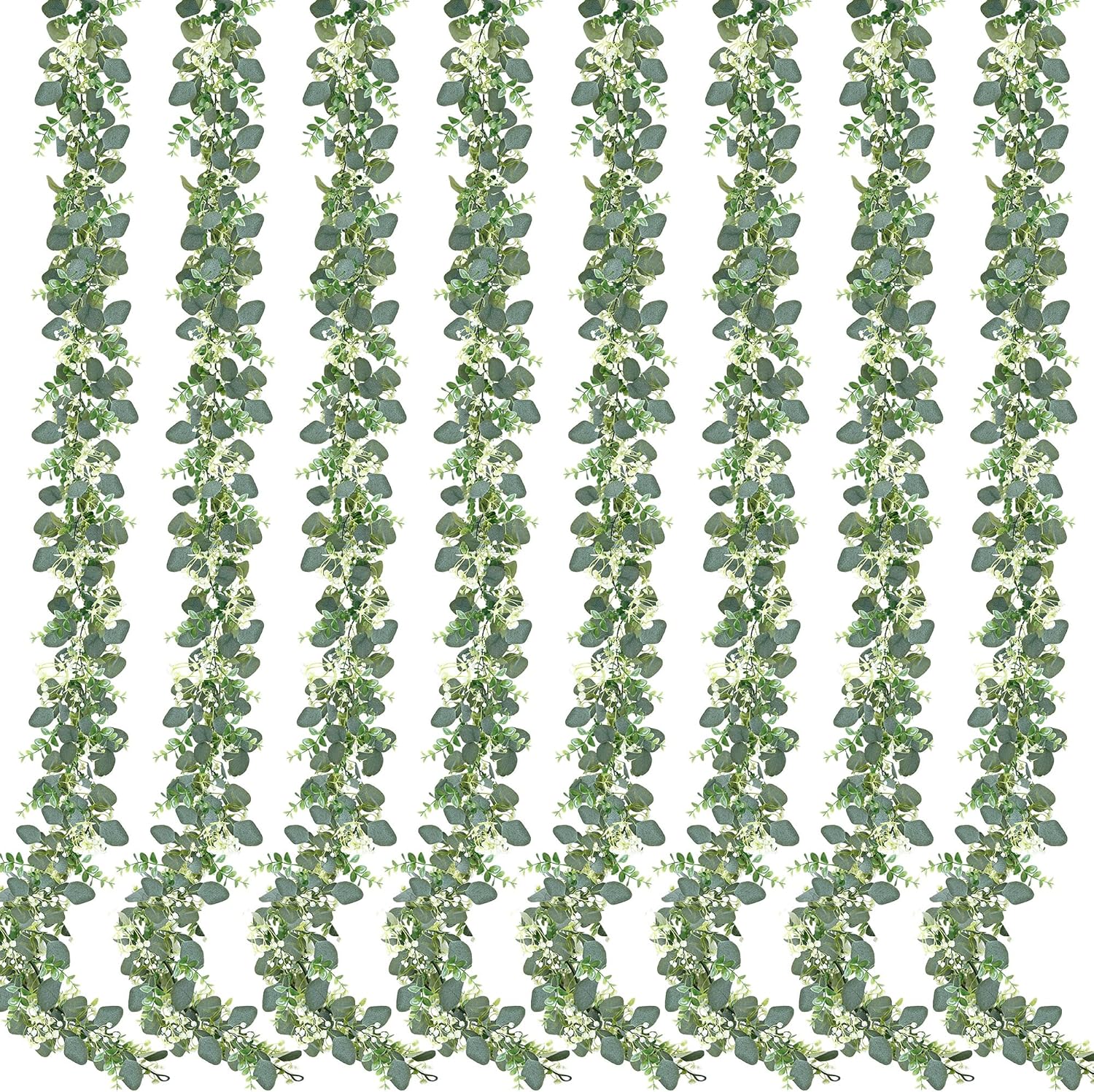 Sggvecsy 8 Pack Artificial Eucalyptus Garland Eucalyptus Leaves Vines Greenery Garland Faux Silver Dollar Eucalyptus Leaves for Table Party Wedding Indoor Outdoor Home Mantle Wall Decor