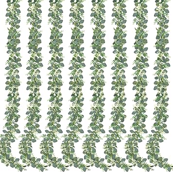Sggvecsy 8 Pack Artificial Eucalyptus Garland Eucalyptus Leaves Vines Greenery Garland Faux Silver Dollar Eucalyptus Leaves for Table Party Wedding Indoor Outdoor Home Mantle Wall Decor