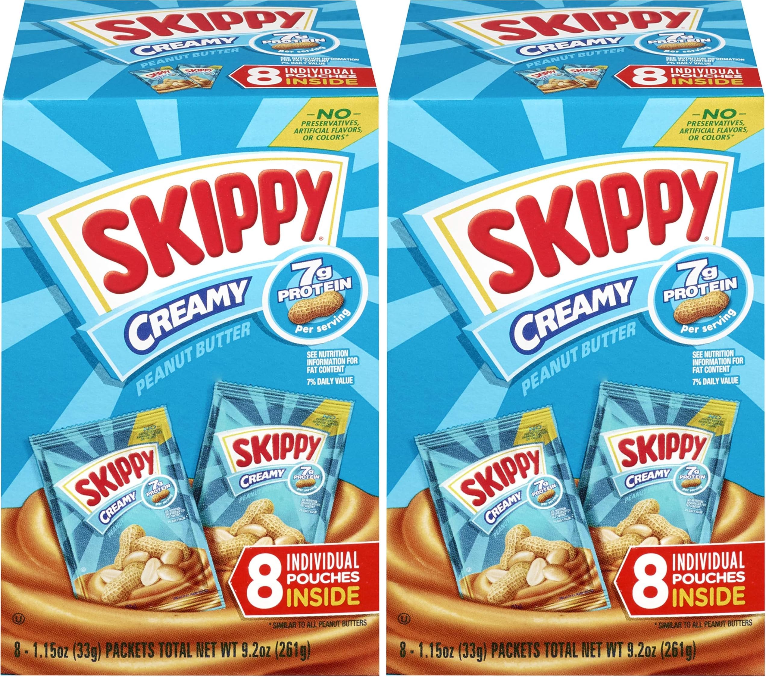 SKIPPY Creamy Peanut Butter Individual Squeeze Packs, 1.15 Ounce (8 Pouches) (Pack of 2)
