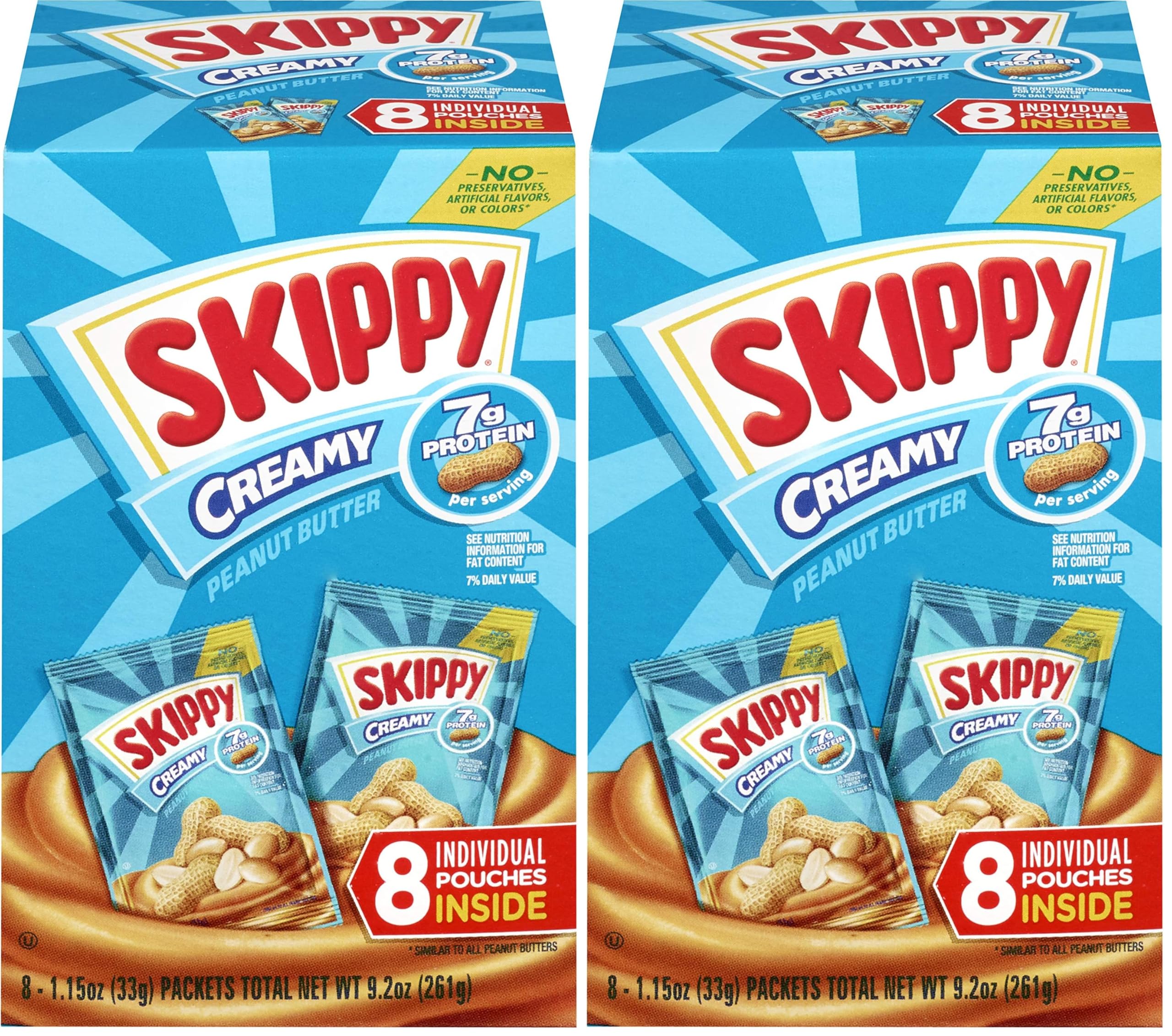 SKIPPY Creamy Peanut Butter Individual Squeeze Packs, 1.15 Ounce (8 Pouches) (Pack of 2)