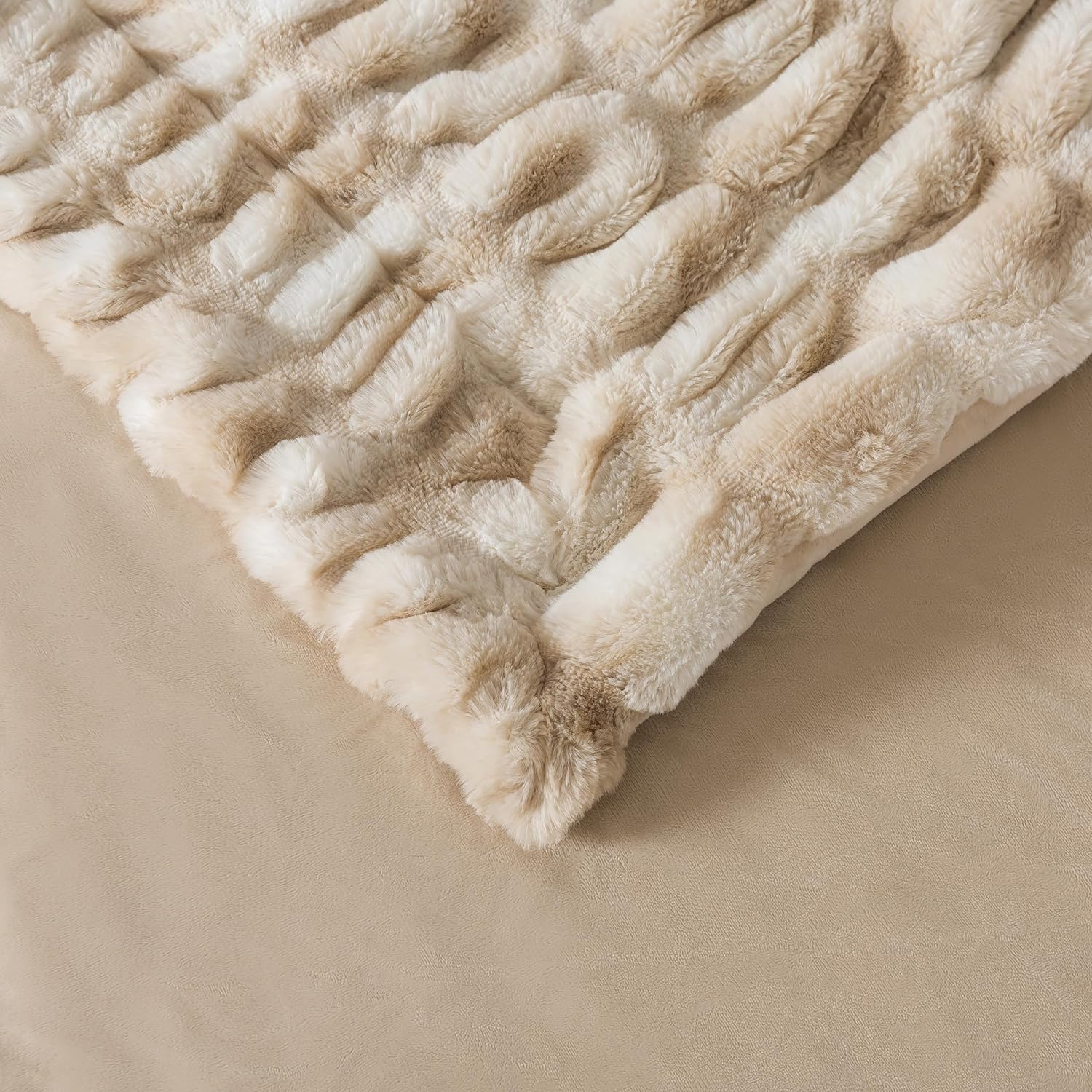 WDCOZY Ruched Faux Fur Throw Blanket Soft Cozy Fluffy Luxurious Blankets Couch Bed Sofa Chair Home Decor Warm Furry Fall Winter Plush Rabbit Fur Bubble Blanket 50" x 60", Caramel Beige Camel Neutral - Image 7