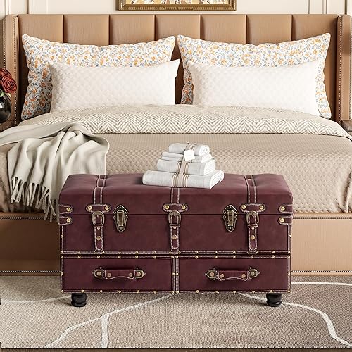 Miniatura 8 de LONYKE Banco Cofre del Tesoro Vintage con Cierre de Pestillo y Baúl con Hebilla, Banco Otomán de Almacenamiento de Cuero Sintético Estilo Granja