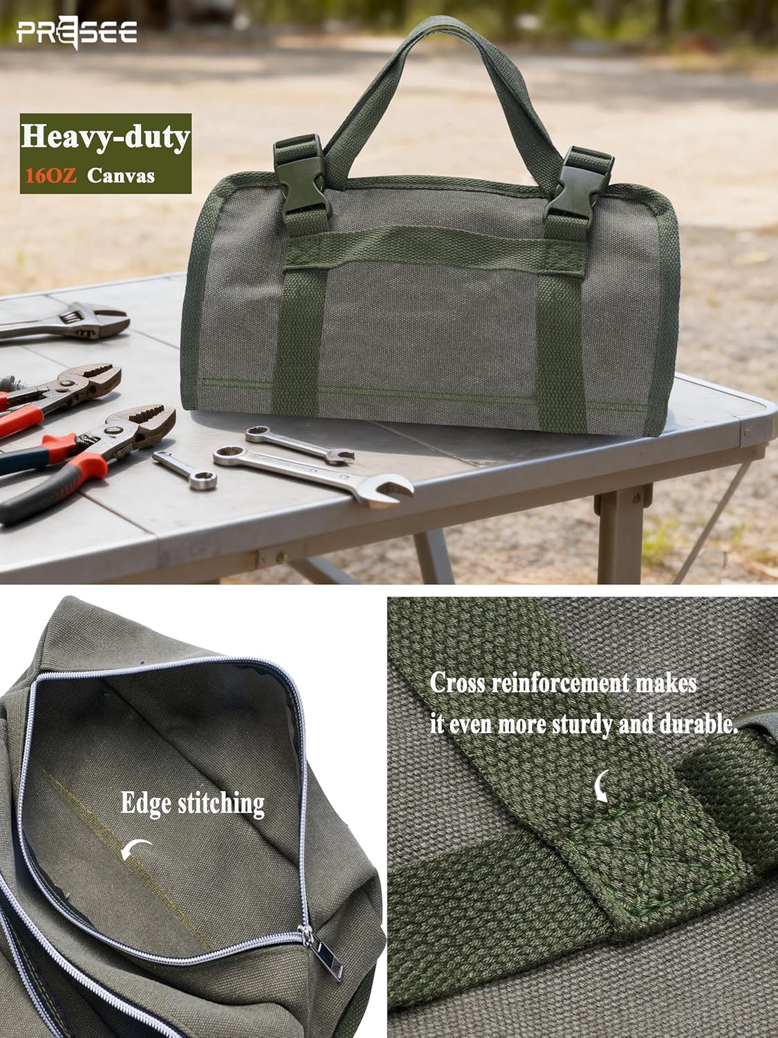 Canvas Tool Roll Bag with 5 Zippered Pouches& Belt Pouch - Water-Resistant Tool Organizer for Mechanics, Electricians, Motorcycle Maintenance, DIY & Professional Use (Green) - Image 5