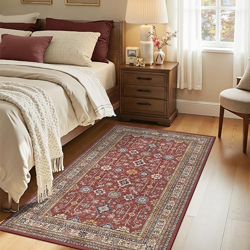 Miniatura 5 de Rugland Alfombra de 3 x 5 pies, resistente a las manchas, lavable, antideslizante, para sala de estar, alfombras tribales vintage (TPR10-borgoña, 3