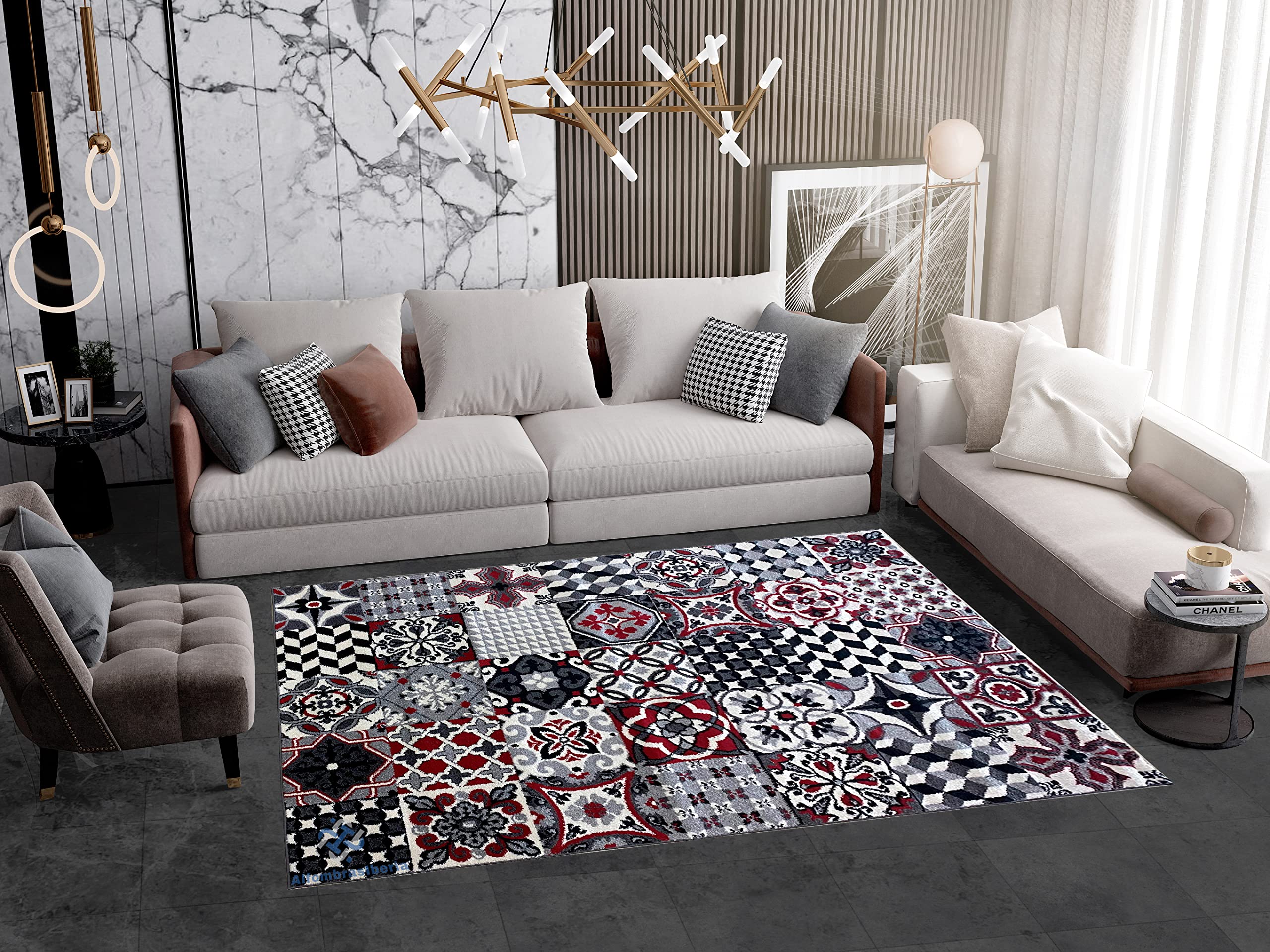 ALFOMBRAS IBERIA Alfombra de Salon Moderna y Grande con diseño de Mosaico | De Pelo Corto y 100% Lavable | Ideal para Salón, Dormitorio, Sala, Comedor o Habitaciones Grandes | (135_x_190_cm, Rojo)