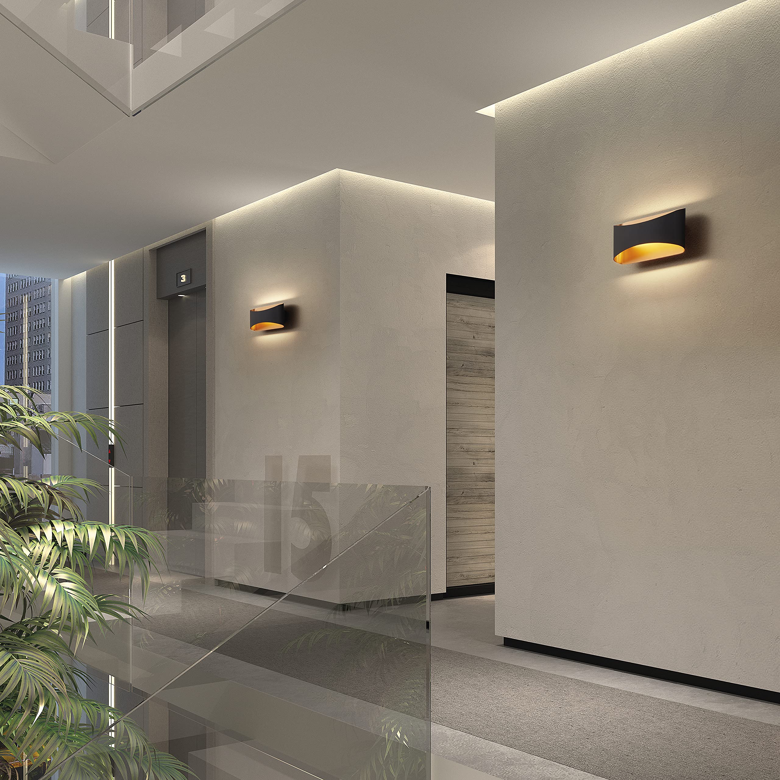 Wandleuchte COOPER, LED SMD 9W schwarz-gold matt. Modern, perfekt für Dielen, Flure, Büros und Wohnungen, up&down, Stahl, Stahl.