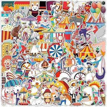 Pack of 100 Circus Stickers Pack Colourful Circus Pattern Sticker Set Waterproof Vinyl Stickers for Laptop Children Cars Motorcycle Bicycle Skateboard Luggage Suitcase Computer Sticker Graffiti Decal