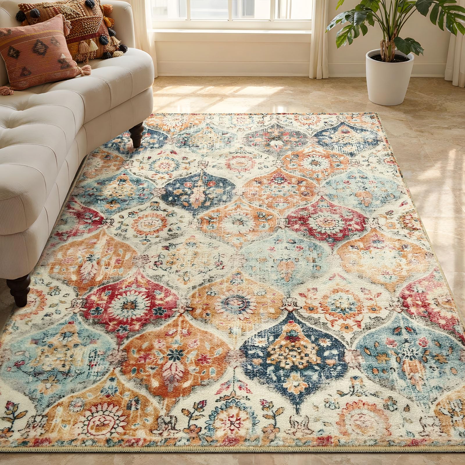 Tuocal Machine Washable Rugs Living Room 80x150cm, Vintage Rug Boho Area Rugs, Non-Slip Carpet Low Pile Non-Shedding Short Low Pile Small Rugs for Bedroom Kitchen Dining Room Bathroom Kids Room — image 1