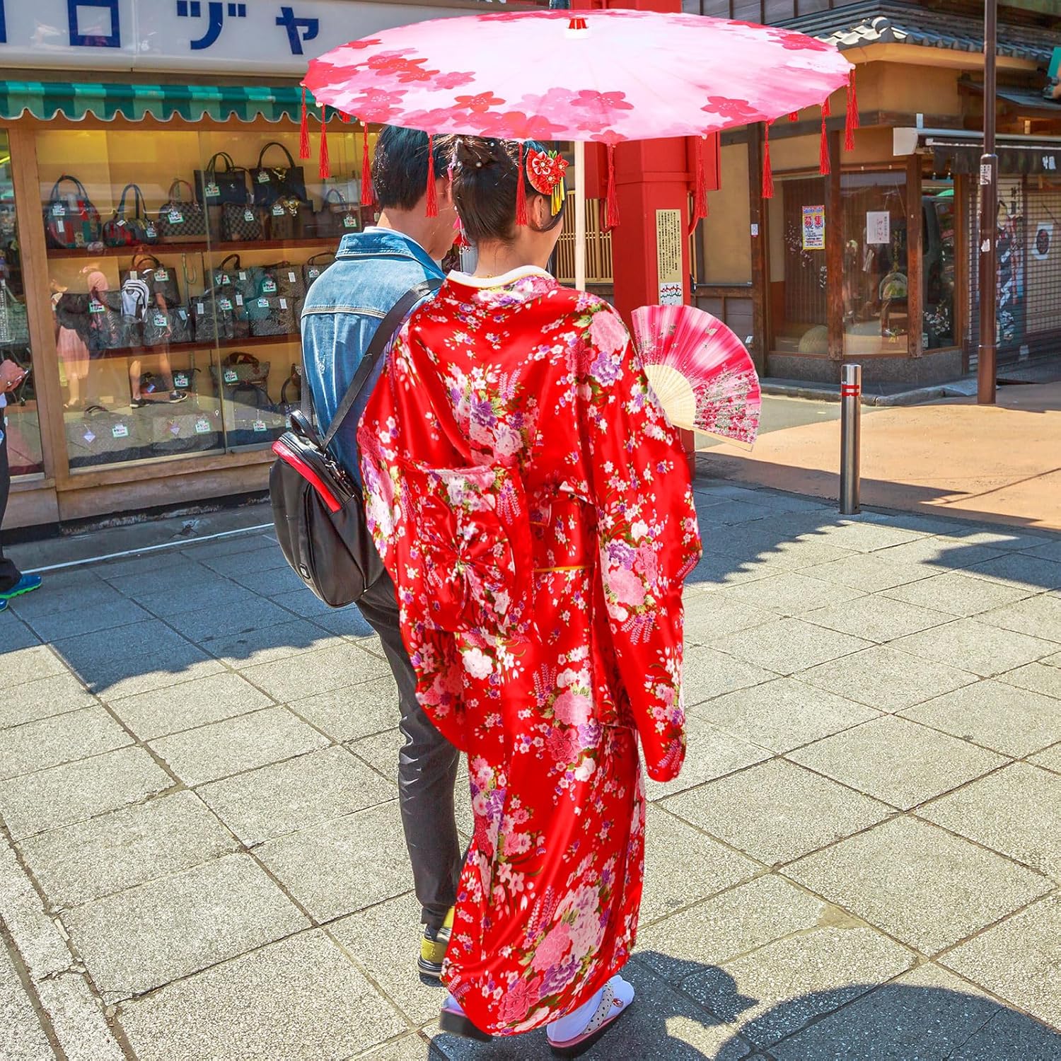 Red Japanese Kimono Robe for Women Floral Sakura Satin Geisha Yukata Dress Accessories with Umbrella - Image 6