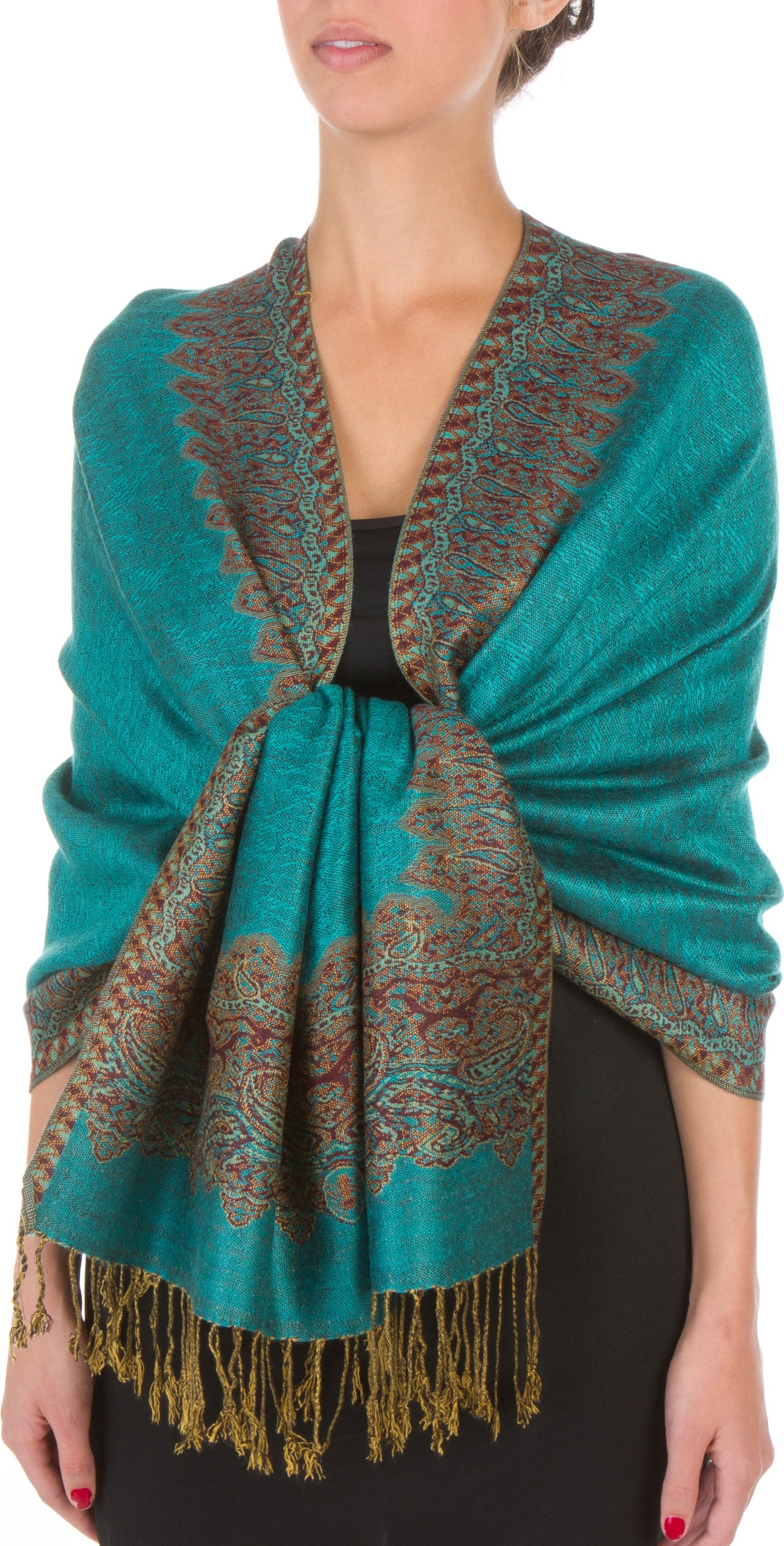 Sakkas Women's Sea Green 70Inch X 28Inch Border Pattern Double Layer Woven Pashmina Feel Shawl / Wrap / Stole - (Size: One Size)