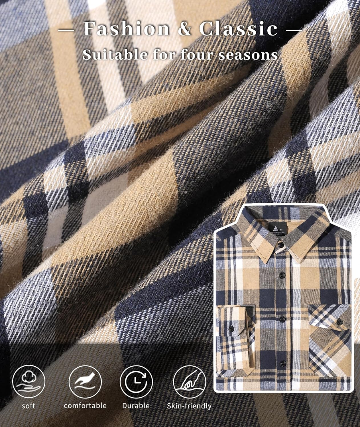 ZITY Men Plaid Flannel Shirts Long Sleeve Casual Button Down Collar Jackets for Men with Pockets - Image 3
