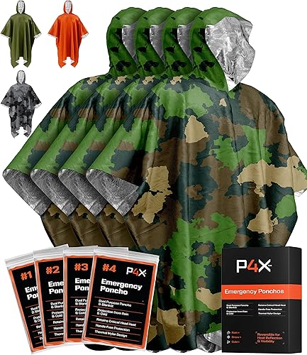 PREPARED4X Emergency Poncho with Mylar Blanket Liner – Heavy Duty, Waterproof, Wind-Resistant Green Rain Poncho for Outdoors, Camping, and Car Emergency Kits - Thermal Poncho - 4 Pack (Green Camo)