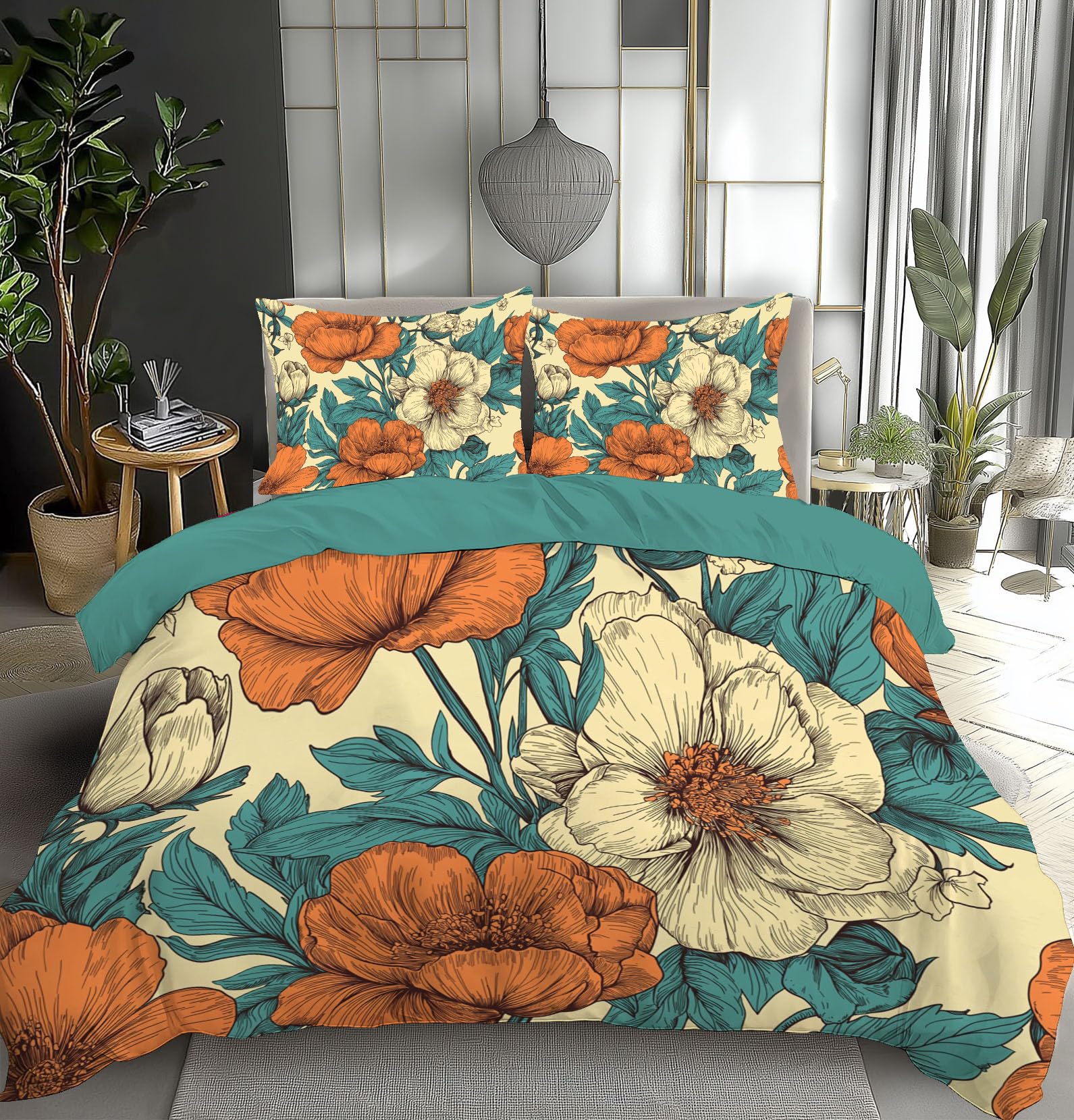 Parure de lit fleurs orange cyan en microfibre douce pour transformer votre chambre en cocon