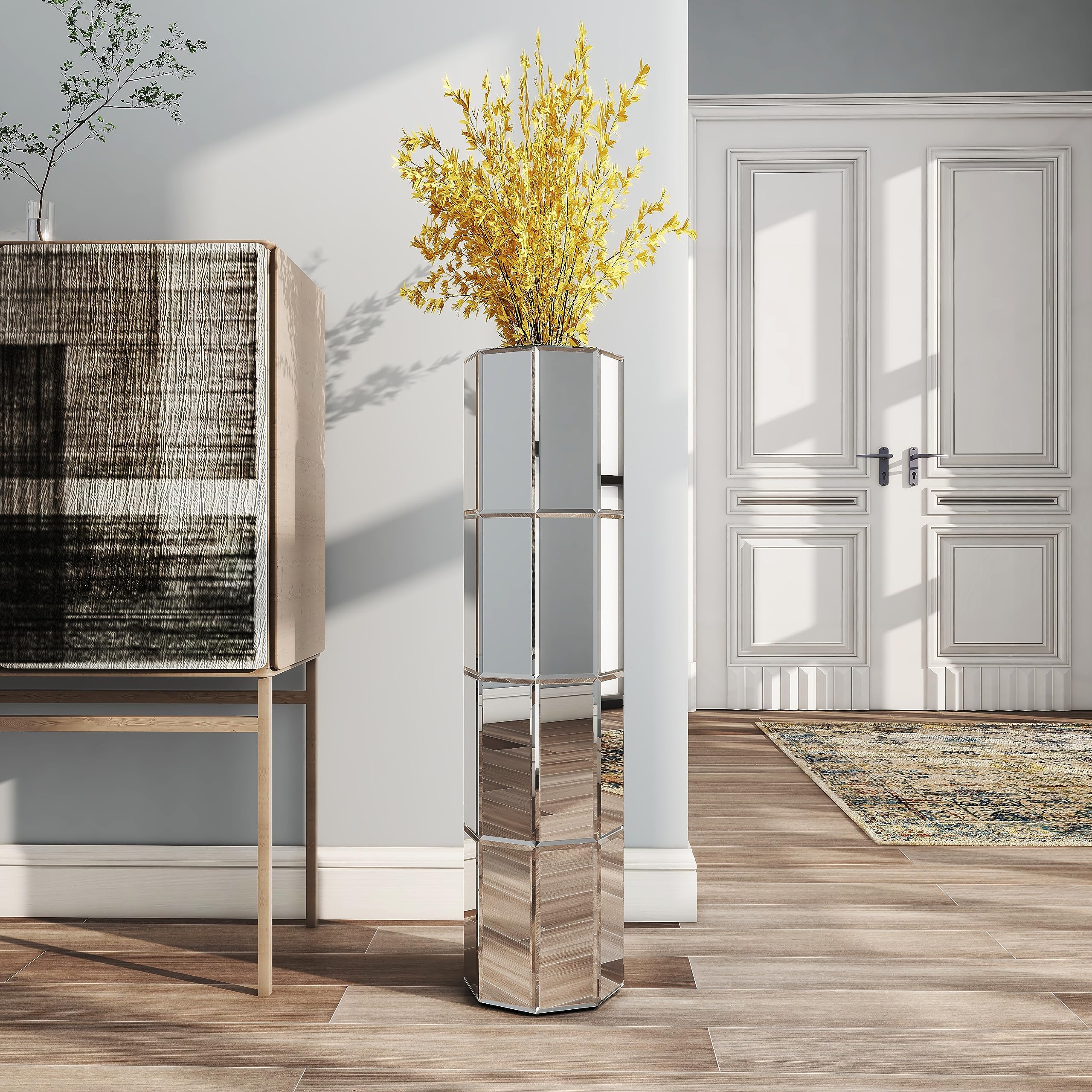 SHYFOY Bodenvase Groß 70 cm, Bodenvase Glas, Spiegelfläche, MDF-Struktur, Deko Bodenvase XXL für Kunstpflanzen und Pampasgras, Achteckiger Zylinder, Silber