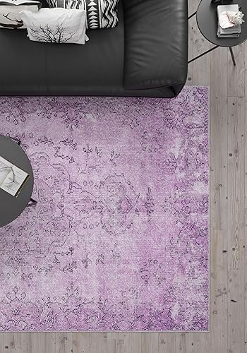 Miniatura 3 de Woolknot ENC1093 - Alfombra vintage púrpura para sala de estar, alfombra floral, morado, lavable, bohemio, medallón desgastado impreso alfombra (3