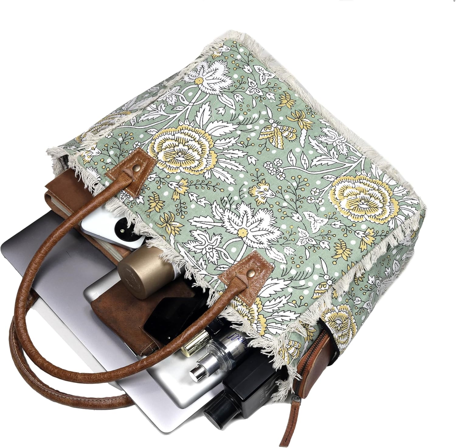 Boho Floral Canvas Tote Bag – Large Green Shoulder Bag with Fringe & Leather Handles | Laptop/Work/Everyday Bag for Women - Image 4