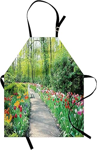 Lunarable Garden Apron, Tulips in Keukenhof Gardens and Path Along Colorful Flowers Trees Nature Landscape, Unisex Kitchen Bib Apron with Adjustable