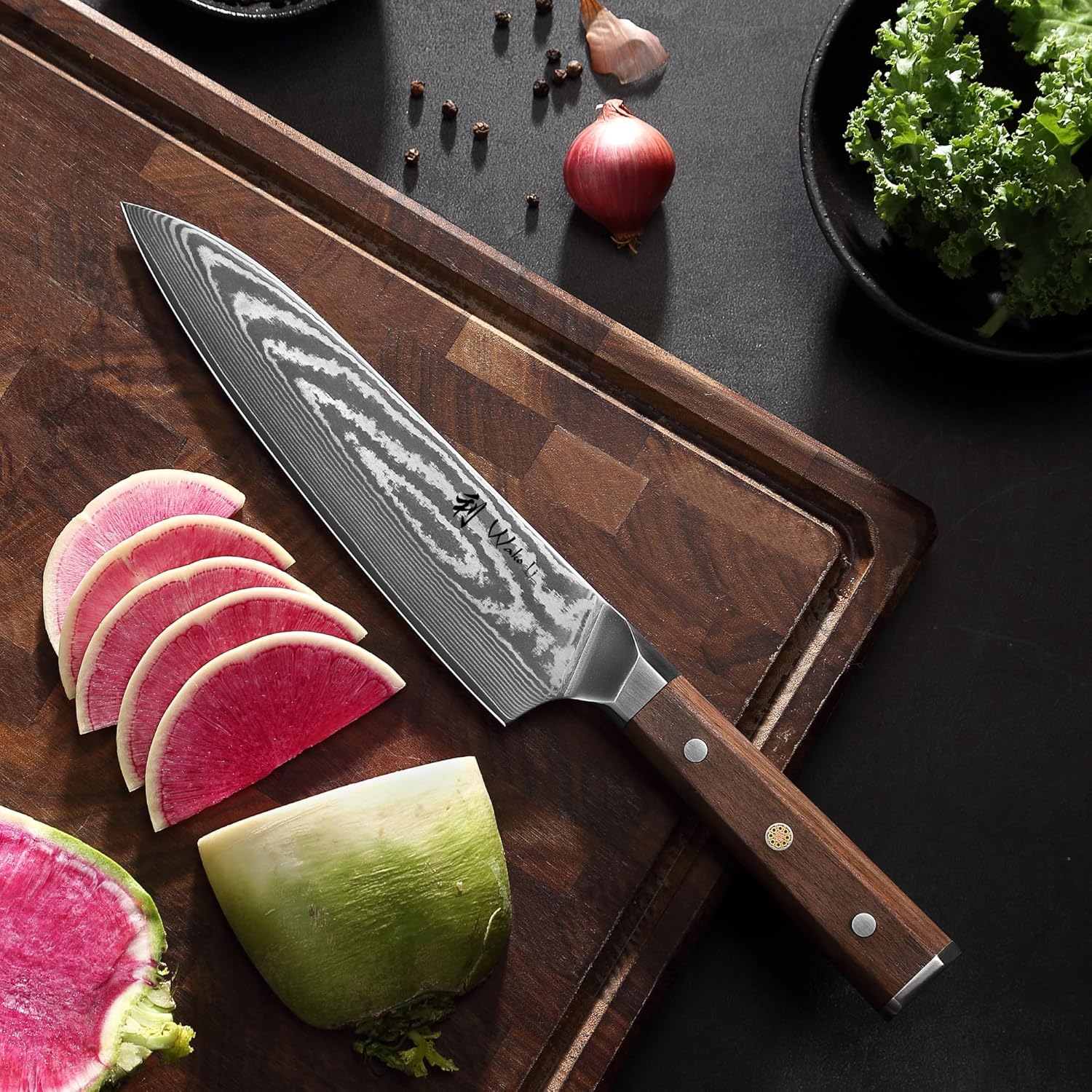 Wakoli HIK Damascus Chef Knife – Full Tang Kitchen Knife | 8-Inch Blade Made of 67-Layer Damascus Steel with VG10 Core | Walnut Wood Handle | Sharp, Durable, Gift Box Included