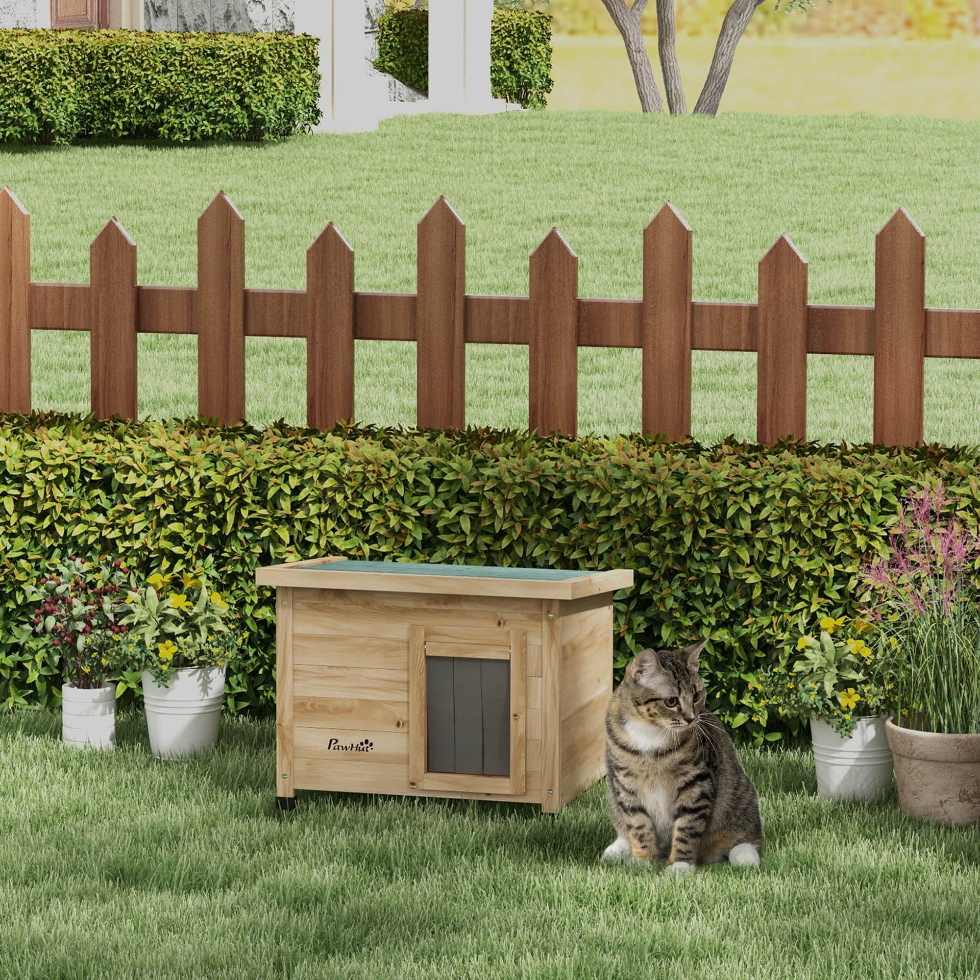 PawHut Kattenhuis Met Asfaltdak, 2 Verdiepingen, Kattenhut Met Balkon Kattenvilla Met Trap Massief Hout Wit 77 X 50 X 73~0v4omo6o9bg01
