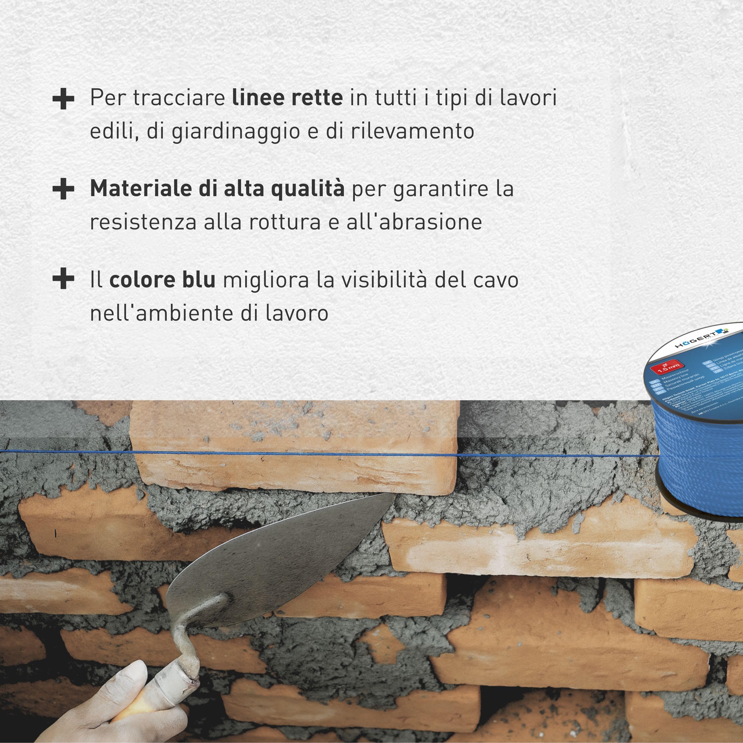 Högert Technik - Filo per muratura 50 m - Filo da muratura blu - Ø 1,5 mm - Resistente agli strappi e carico - Su bobina/corda/cordicella/cordicella/filo per pavimentazione