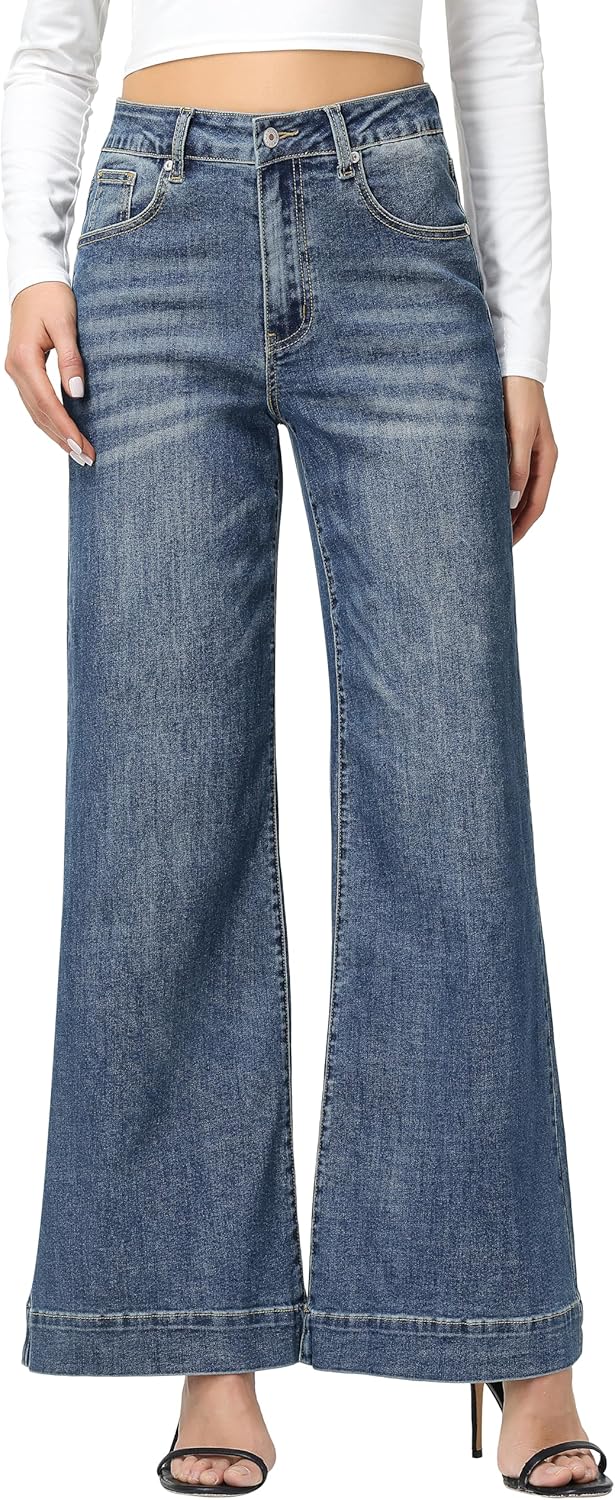 V VOCNI Wide Leg Jeans for Women Casual High Waisted Stretchy Baggy Loose Trendy Flare Denim Pants