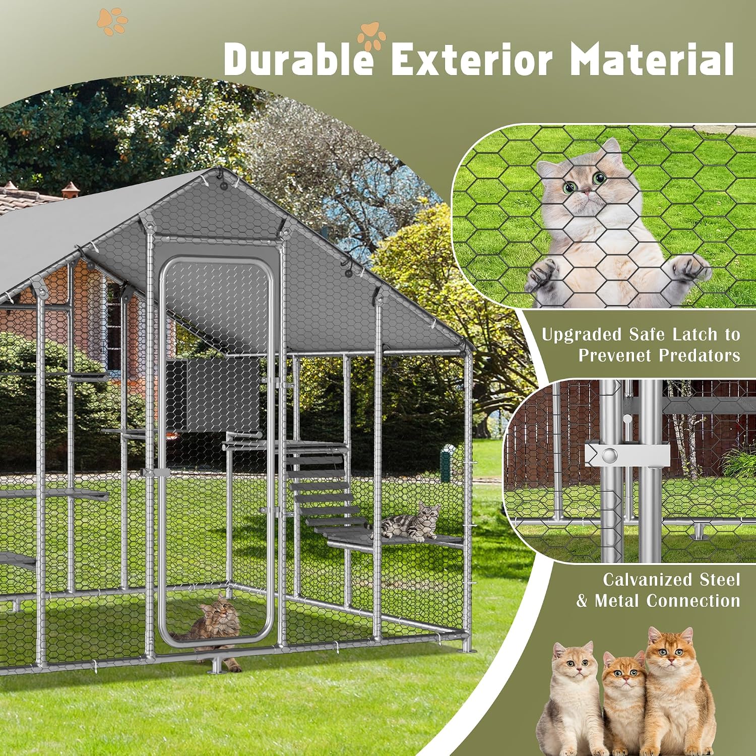94.5" Large Catio Outdoor Cat Enclosure - Galvanized Steel Walk-in Cat Window Catio Patio House Cage w/Waterproof Cover, 2 Resting Boxes, 6 Platforms and 2 Ladders for Chicken Coop Rabbit Hutch