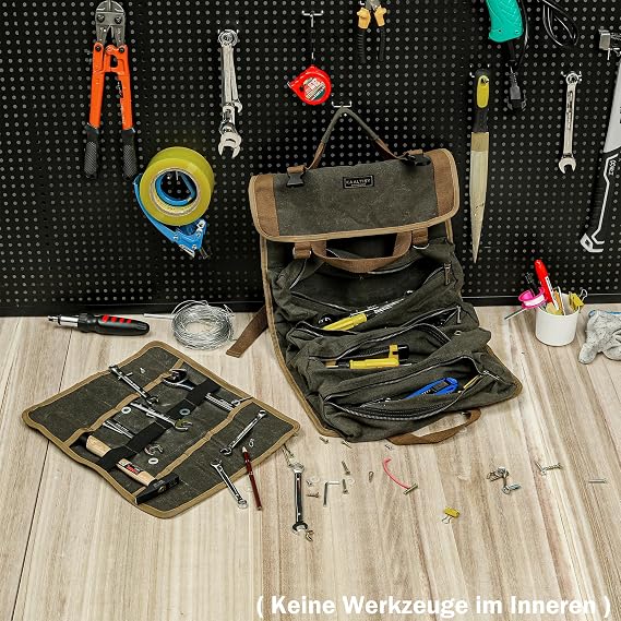Tool Roll, Chisel Storage Case Roll - with 4 Tool Storage Pockets + 12 Slots + Portable Handle - Heavy Duty 16oz Waxed Canvas Tool Roll Up Bag for Hand Tools | 70x35 cm | Army Green
