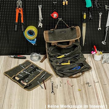 Tool Roll, Chisel Storage Case Roll - with 4 Tool Storage Pockets + 12 Slots + Portable Handle - Heavy Duty 16oz Waxed Canvas Tool Roll Up Bag for Hand Tools | 70x35 cm | Army Green
