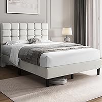 Vista 3 de Yaheetech Marco de Cama Tapizado, Plataforma de Cama Full Moderna con Cabecera de Costura Cuadrada y Capitoné con Botones, Altura Ajustable, Soporte