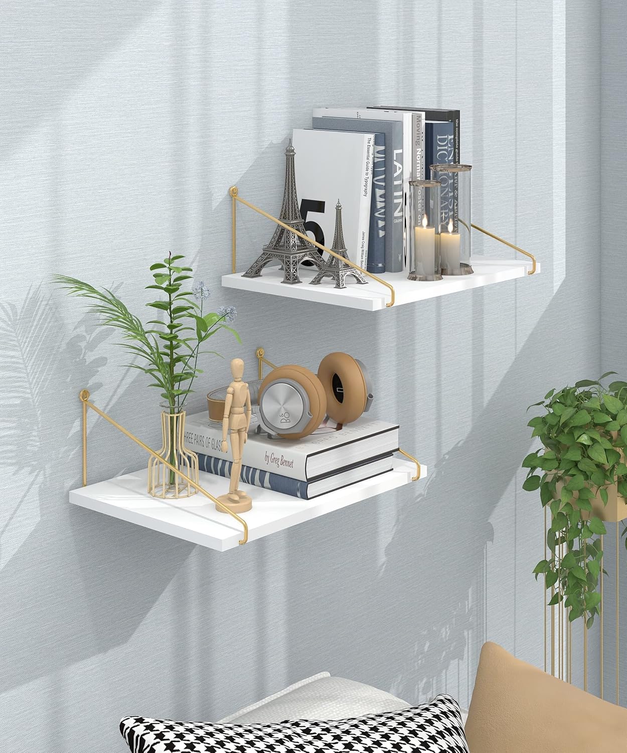 Afuly 12 Inch Deep Floating Shelves for Wall, Gold White Wall Mounted Shelves, Hanging Storage Shelves for Bathroom Kitchen Bedroom, Solid Wood Chic Bookshelves, Set of 2