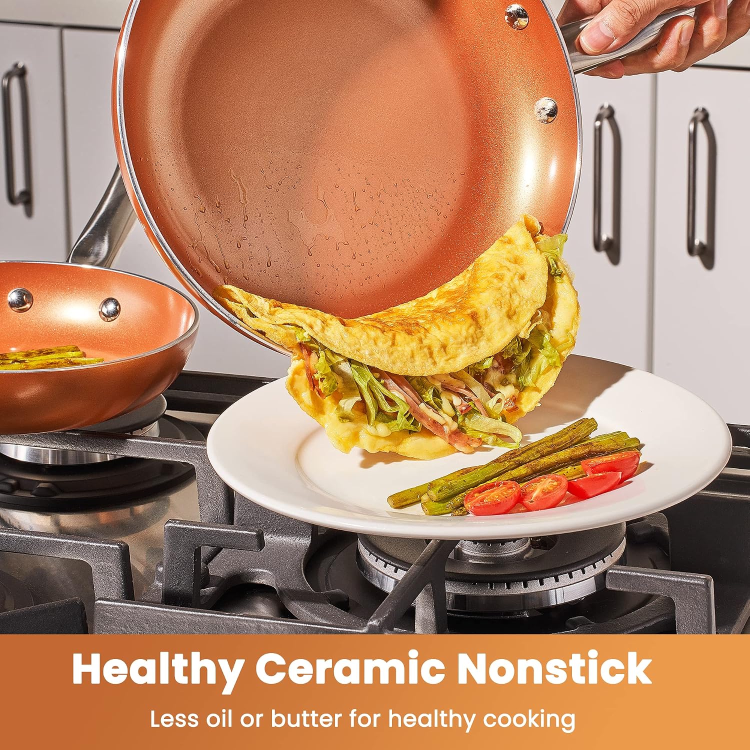 REDMOND Copper Pots and Pans Set, 10 Piece Nonstick Chef Cookware Set with Ceramic Coating, No Assembly Required Stainless Steel Handles, Dishwasher & Oven Safe, Orange