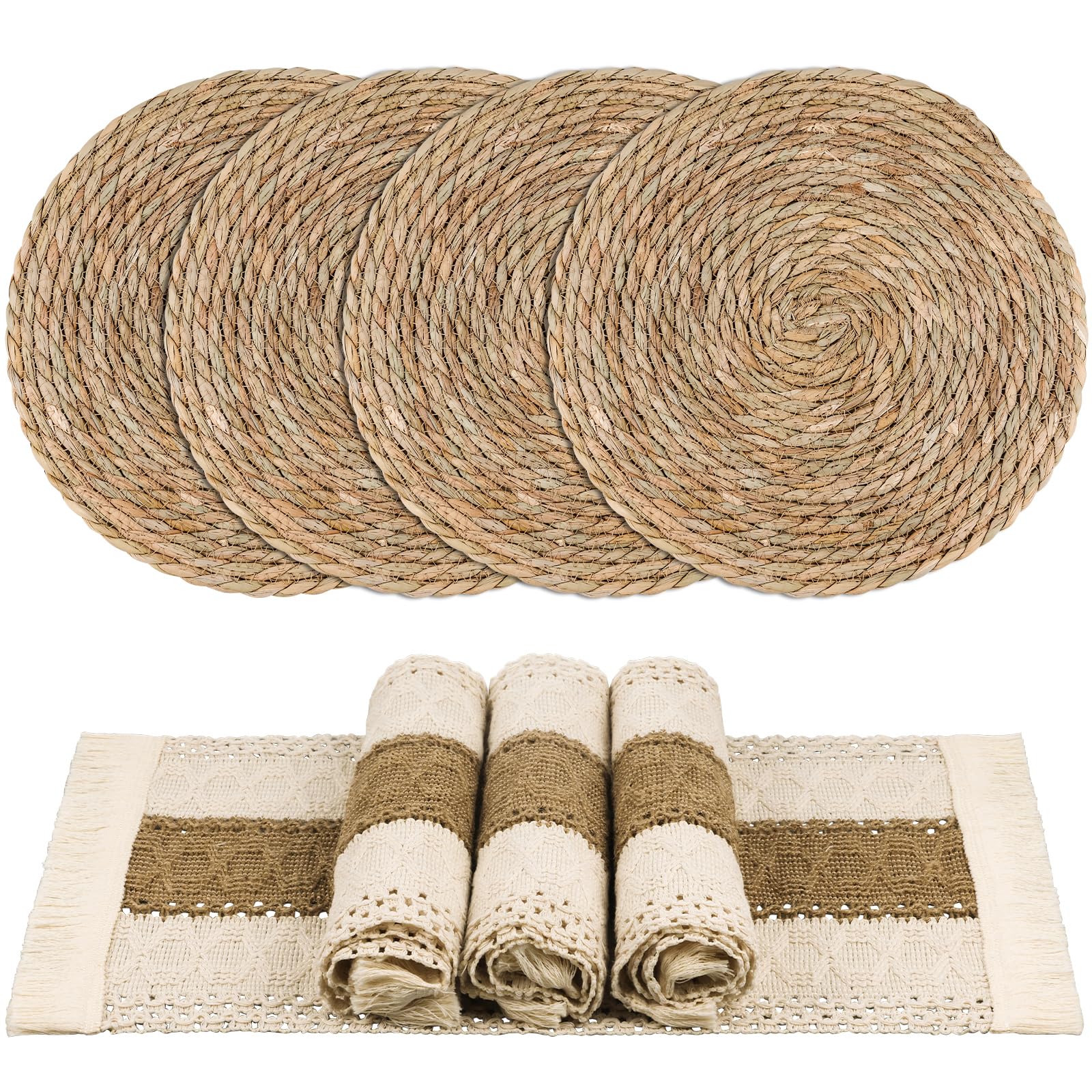 Juego de 4 manteles individuales bohemios hechos a mano para cocina, mesa de comedor, centro de mesa, decoración de centro de mesa, arpillera de algodón natural y paja de agua (juego de 4 manteles