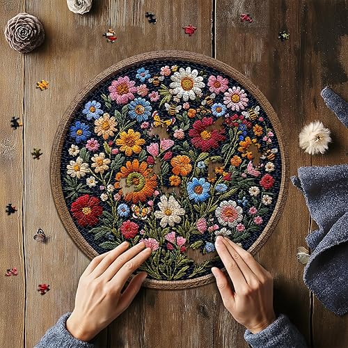 Miniatura 7 de Rompecabezas vintage de flores silvestres para adultos, 1000 piezas, rompecabezas redondo de plantas de abeja y mariposa, arte natural, rompecabezas